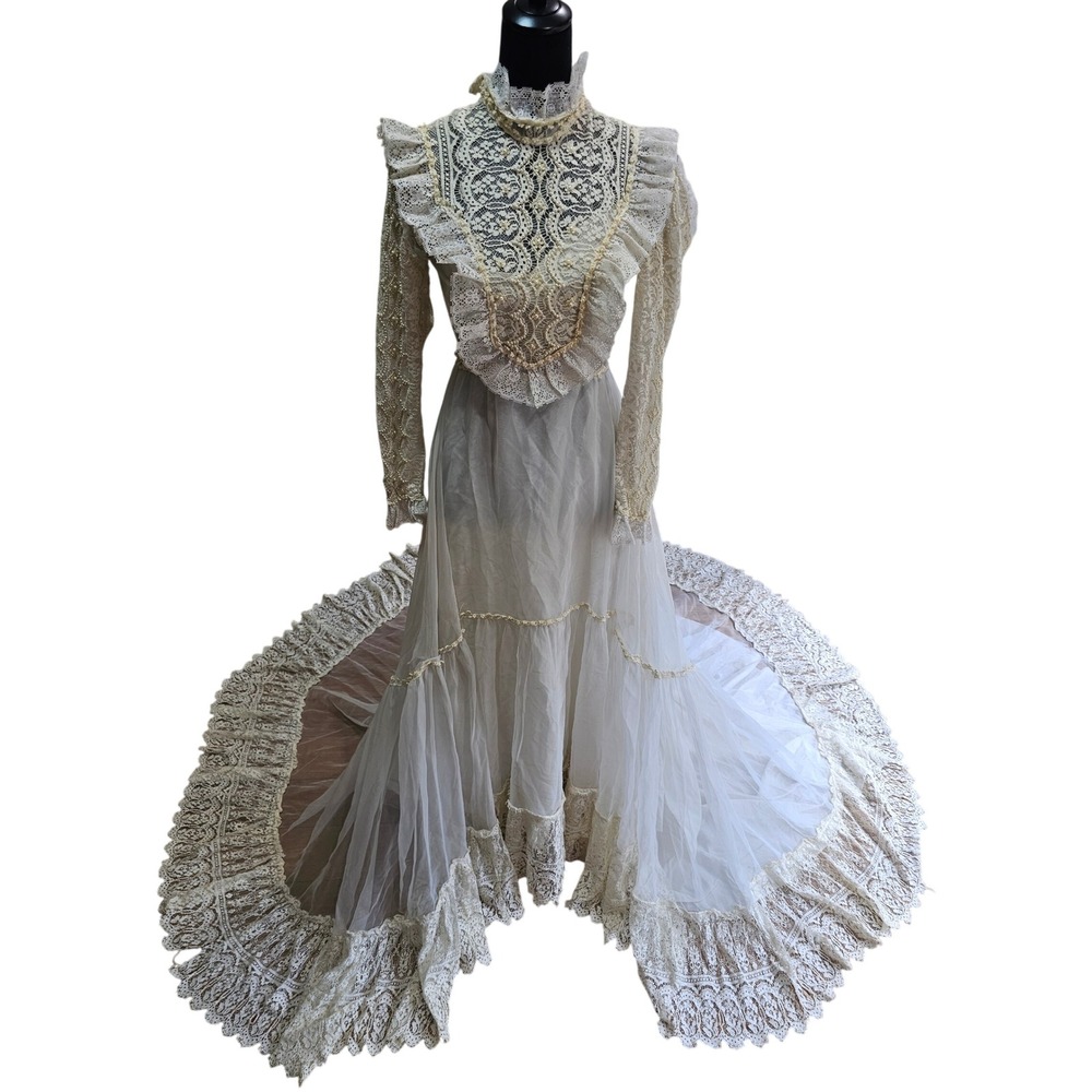Vintage Prairie Lace Wedding Dress Women XS Cream Pearl Beaded Victorian Gown